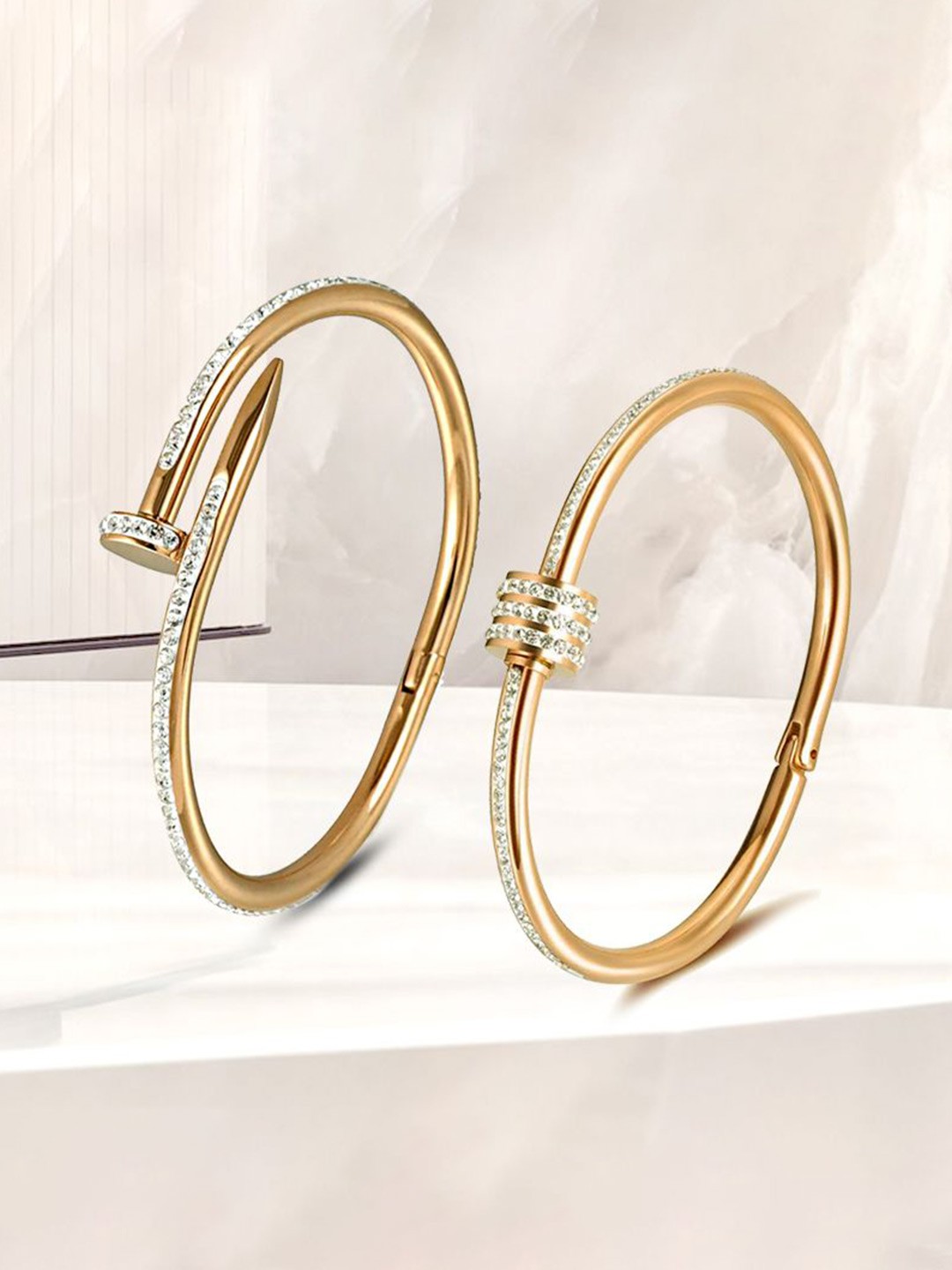 

MEENAZ Set Of 2 Gold-Plated Stainless Steel American Diamond Anti Tarnis Kada Bracelets