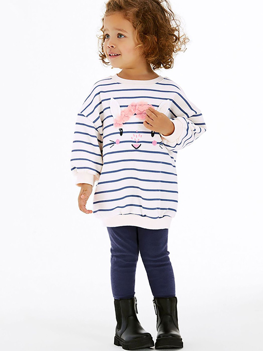 

JC SPARKLE Girls Striped Printed Pure Cotton Sweatshirt with Leggings, White
