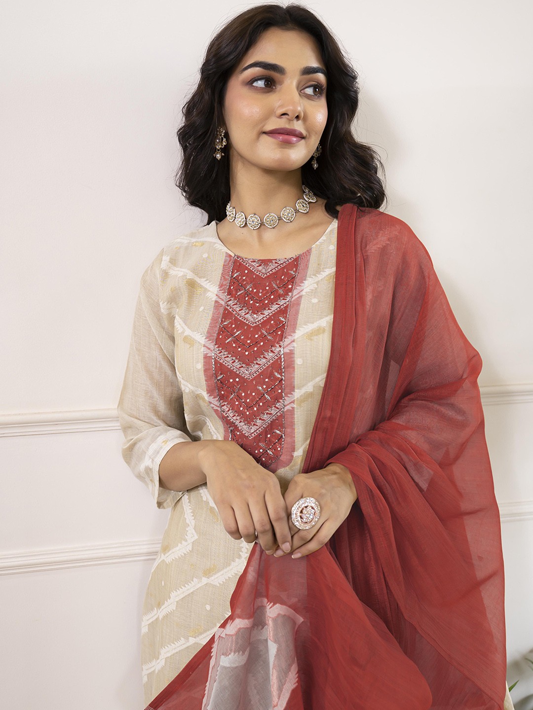 

Anouk Off White Geometric Printed Pure Cotton Straight Kurta With Trousers & Dupatta