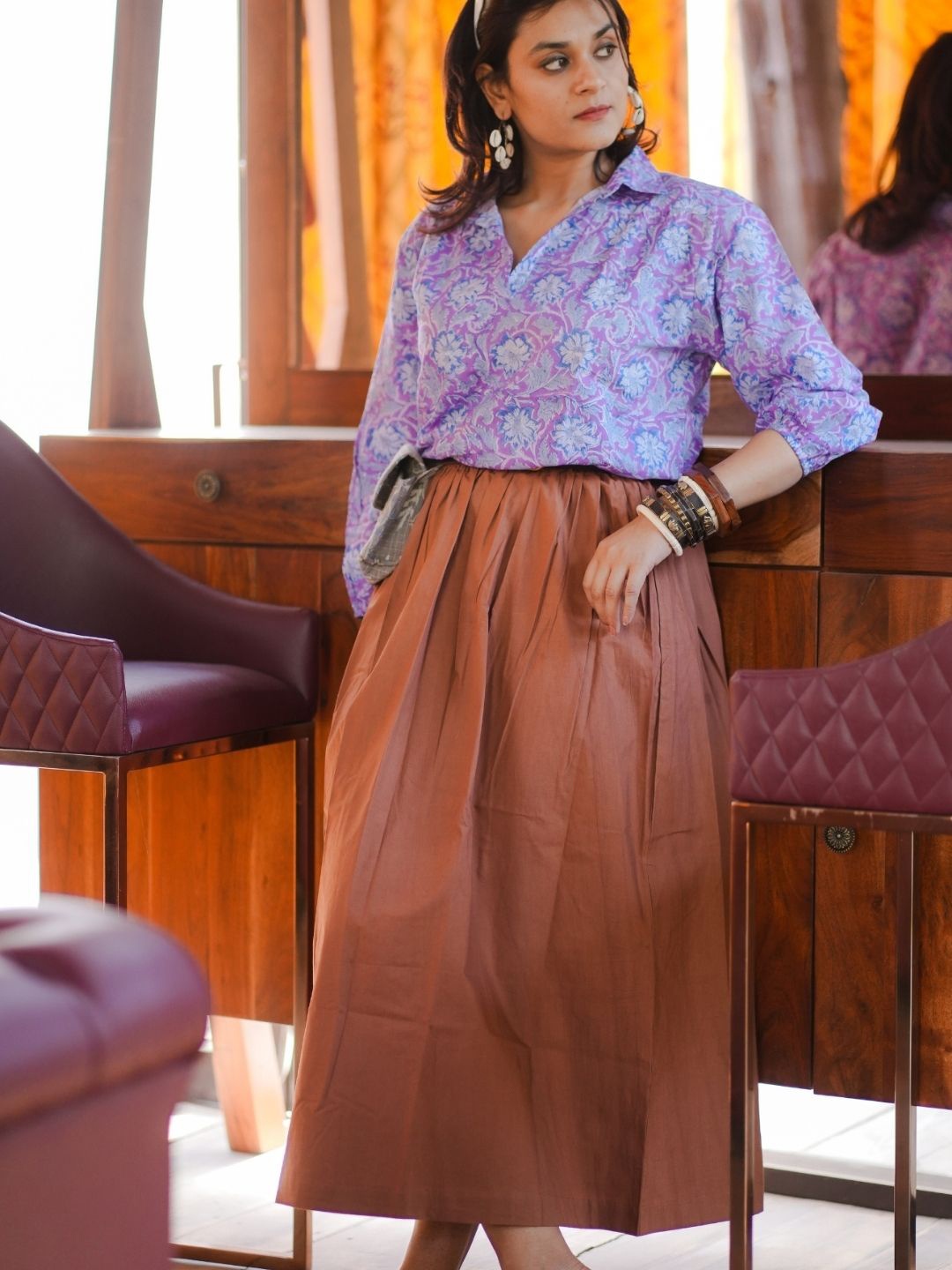 

SASSY SAJJA Women Pure Cotton Flared A-Line Maxi Skirt, Brown