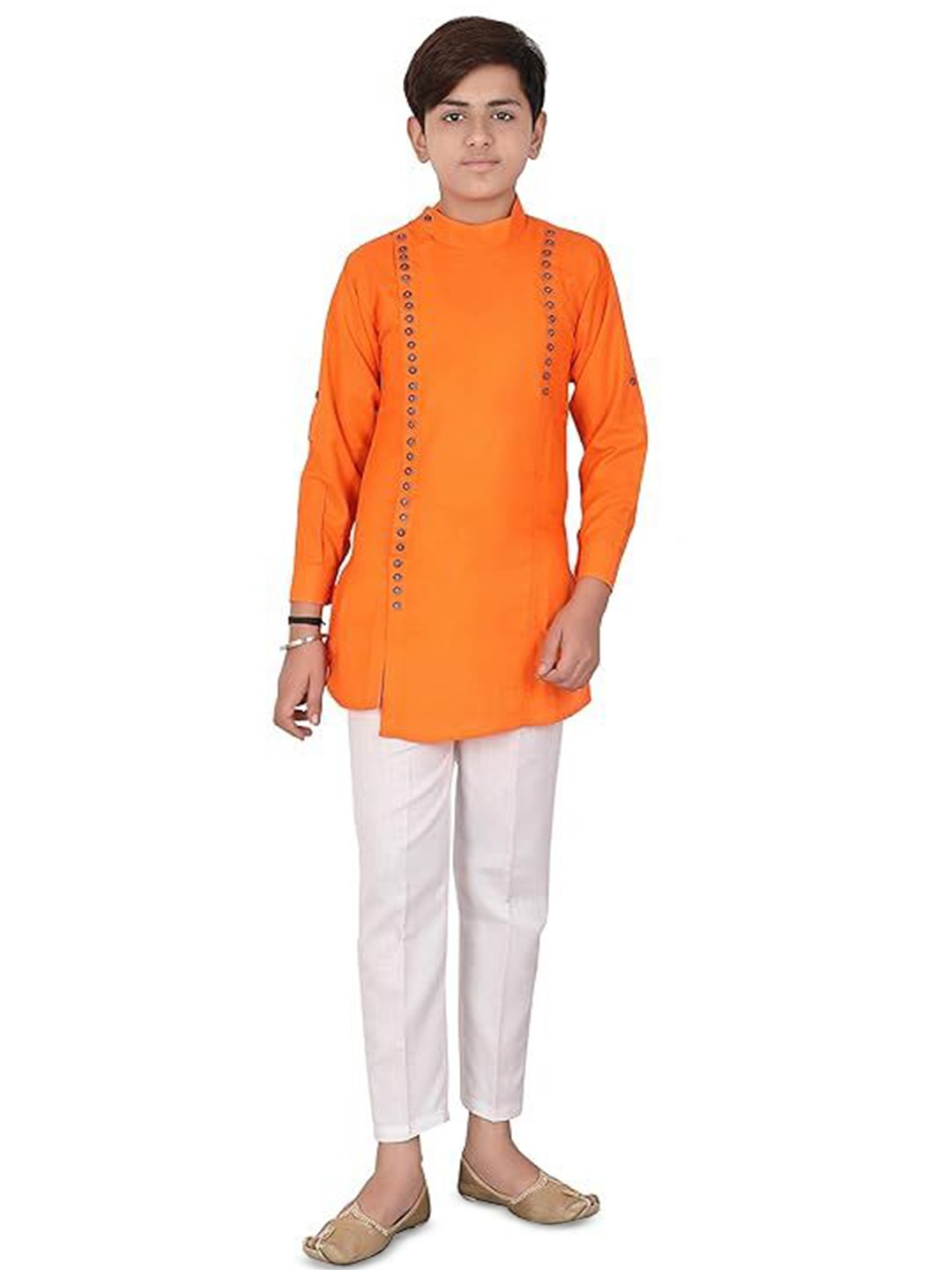 

Eliq Boys Mandarin Collar Pure Cotton Straight Kurta With Pyjamas, Orange