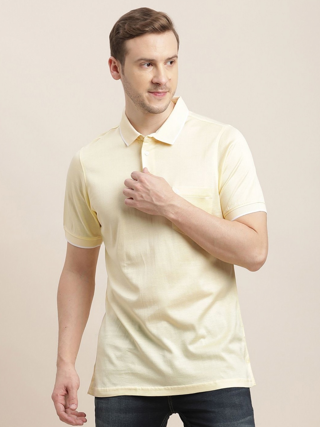 

Turtle Men Solid Polo Collar Pure Cotton Slim Fit T-shirt, Beige