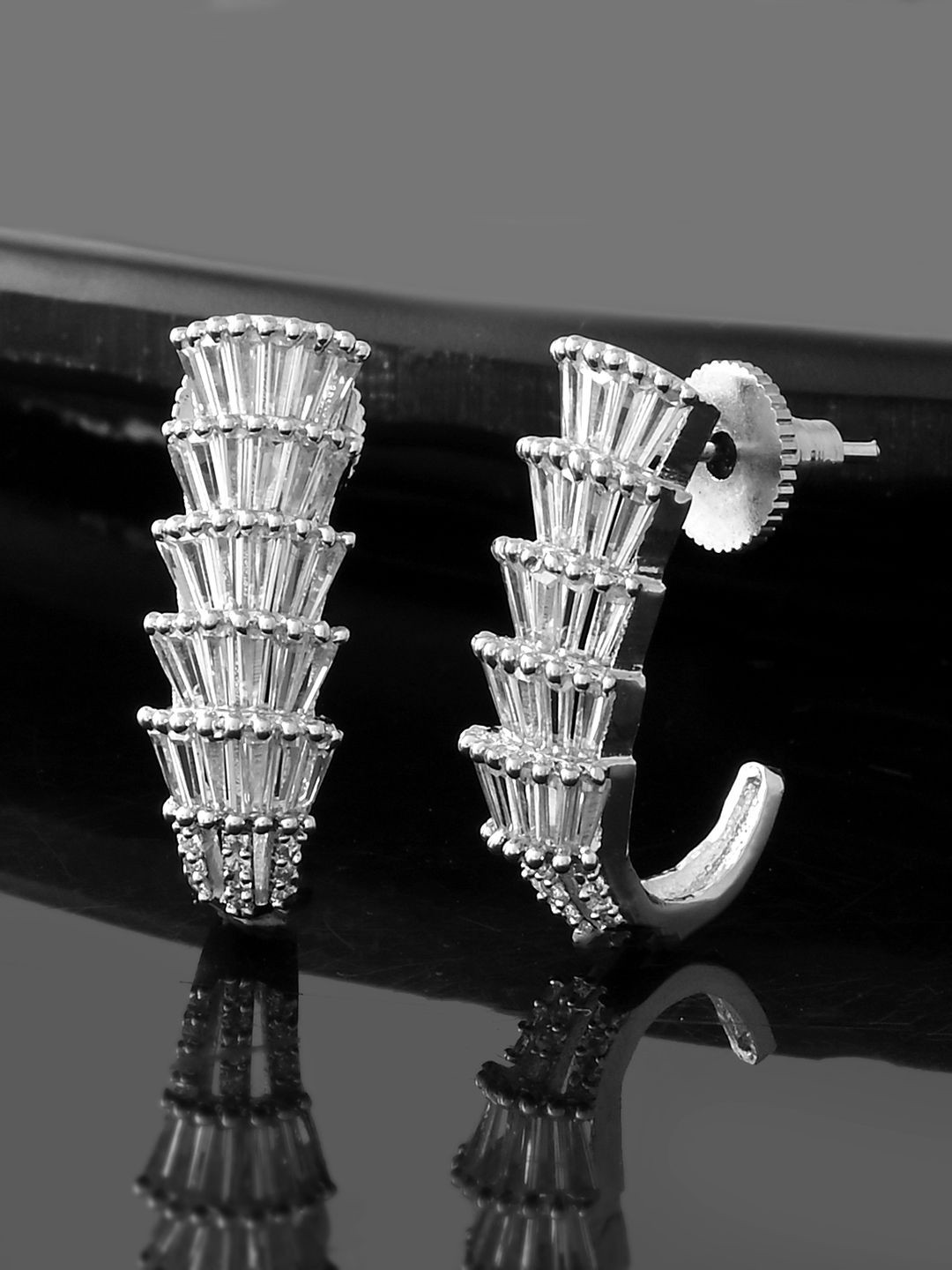 

Voylla Rhodium Plated American Diamond Studded Contemporary Studs Earrings, Silver