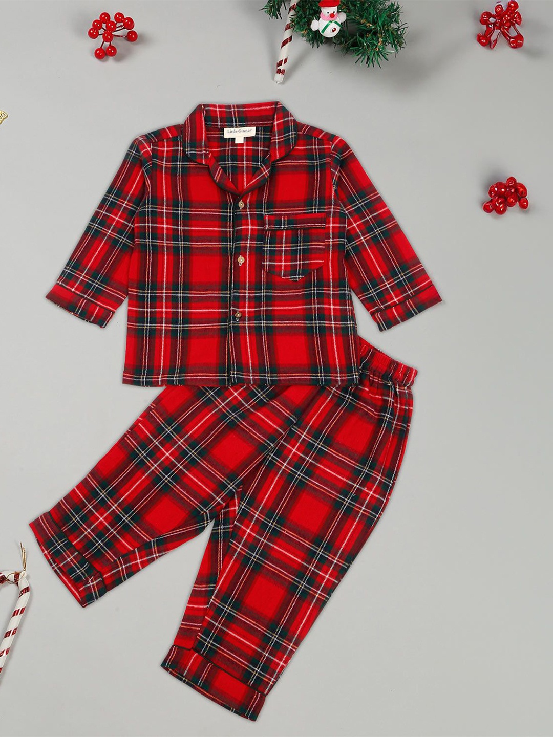 

LITTLE GINNIE Unisex Kids Checked Printed Cuban Collar Casual Shirt With Pyjamas, Red