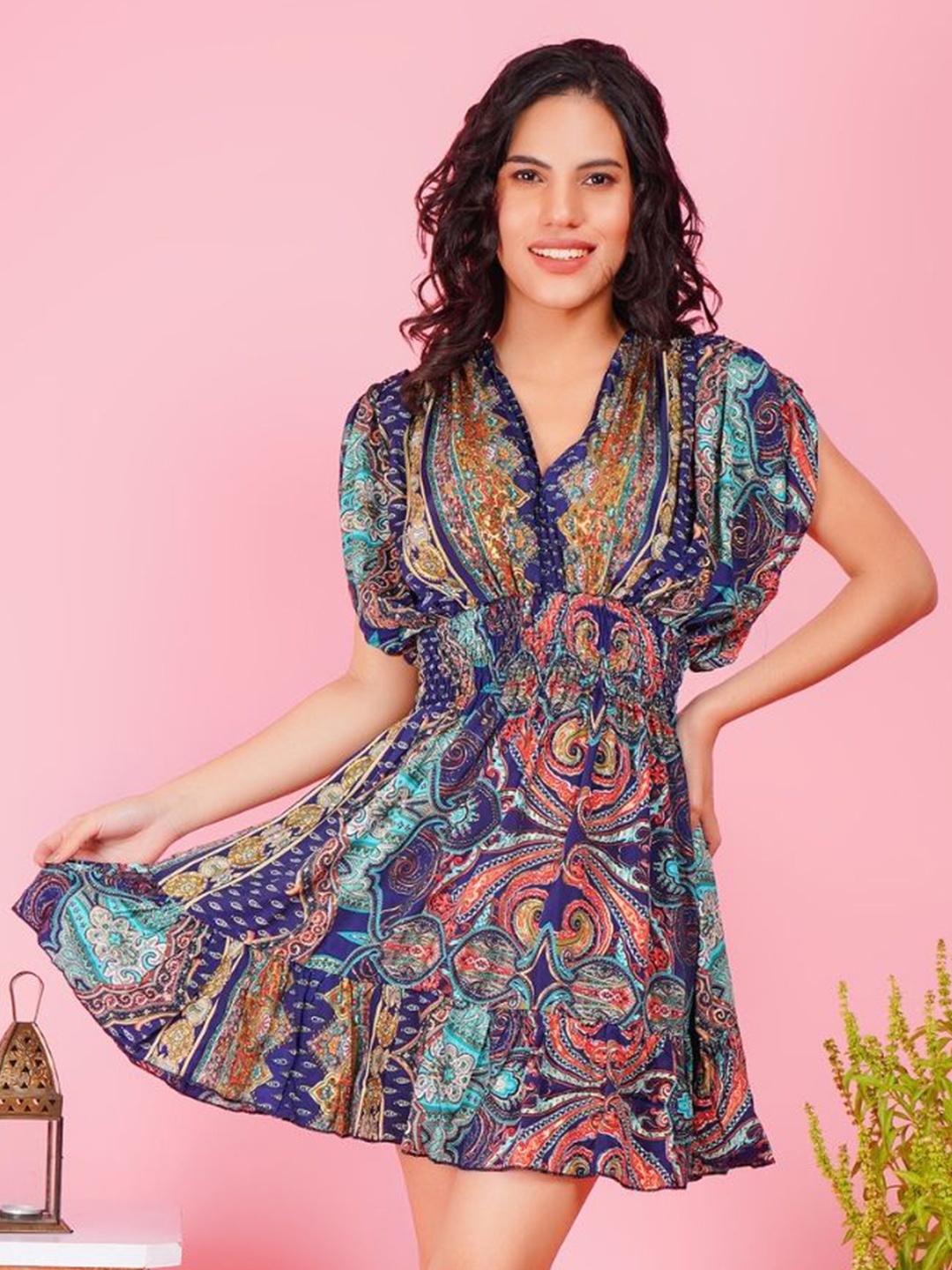 

Boholyfe Women Bohemian Printed Slit Sleeve Fit and Flare Dress, Navy blue