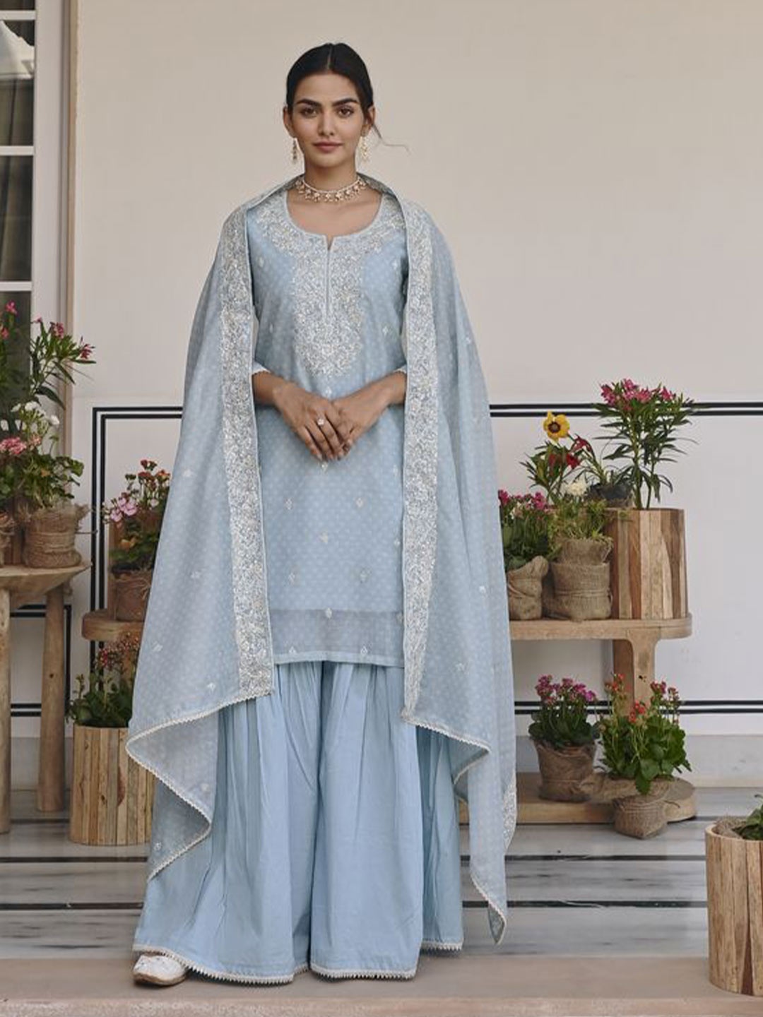 

KARAJ JAIPUR Ethnic Motifs Embroidered Sequinned Chanderi Cotton Kurta Sharara & Dupatta, Blue