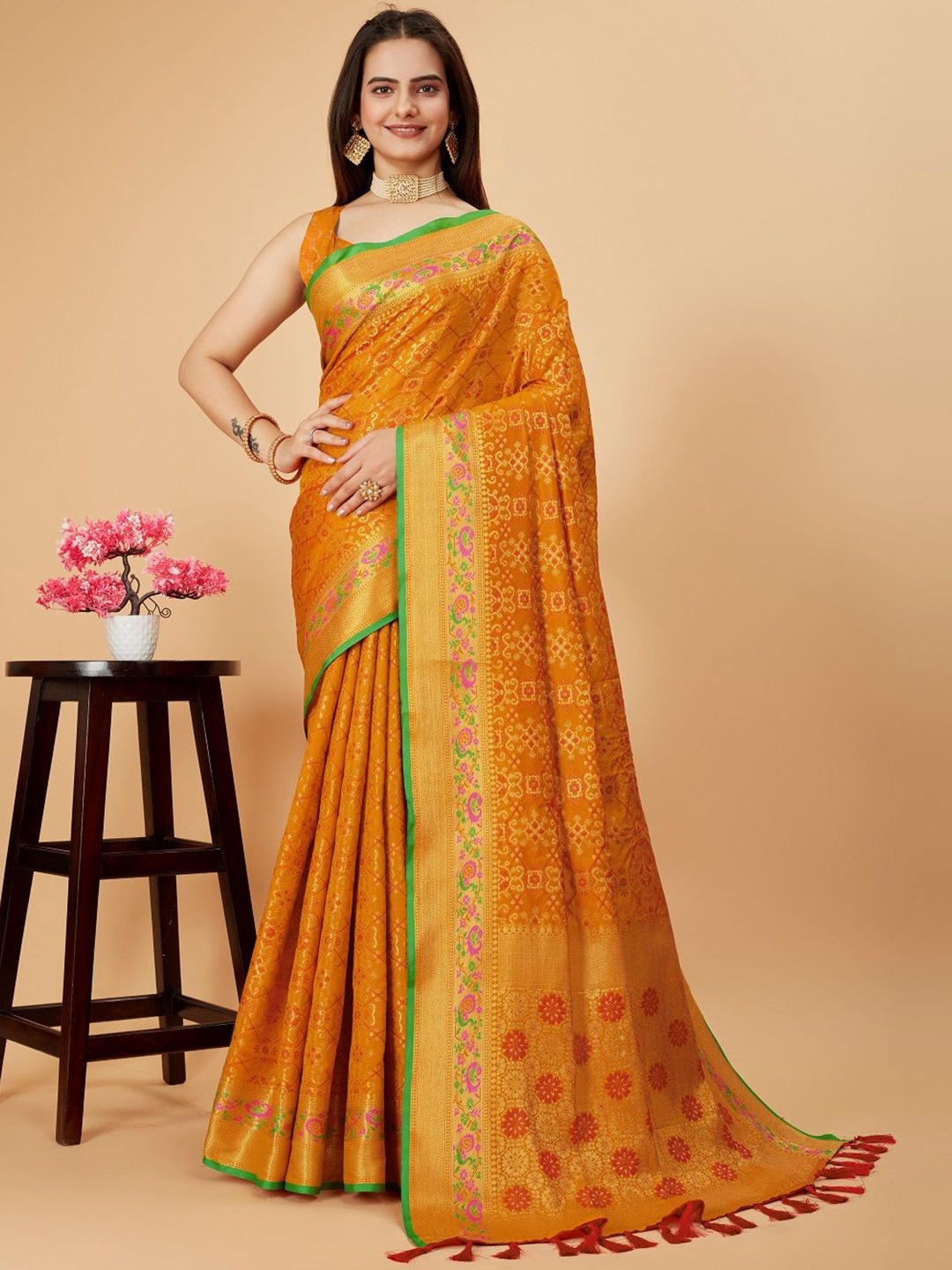 

LEOSAGI Woven Design Zari Pure Silk Patola Saree, Mustard