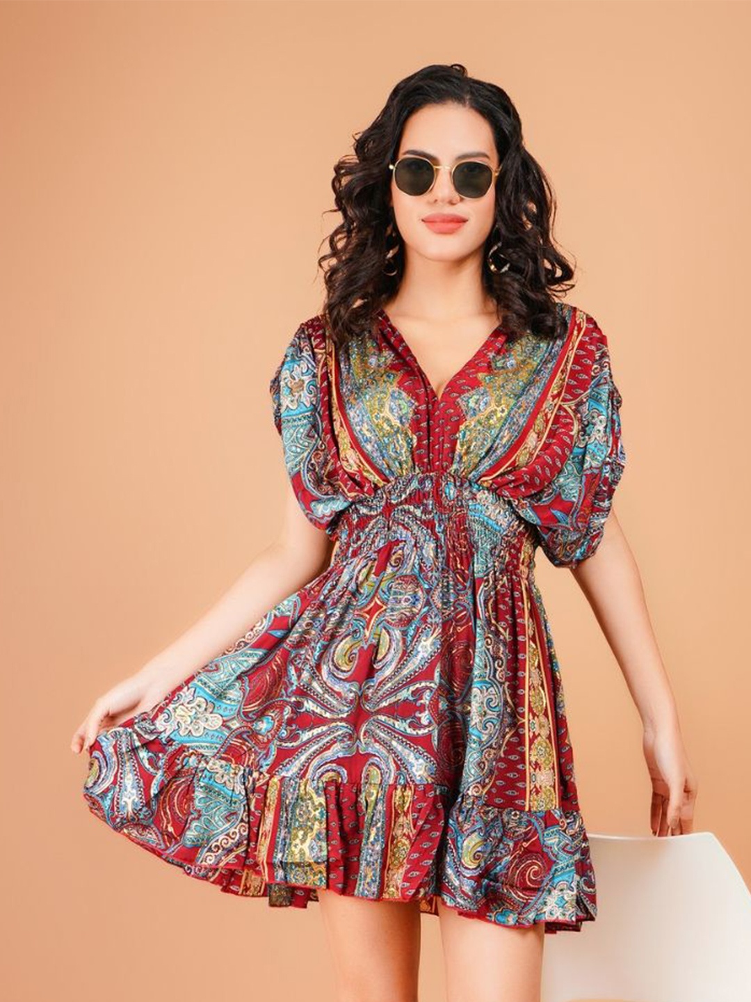 

Boholyfe Bohemian Print Puff Sleeve A-Line Dress, Maroon