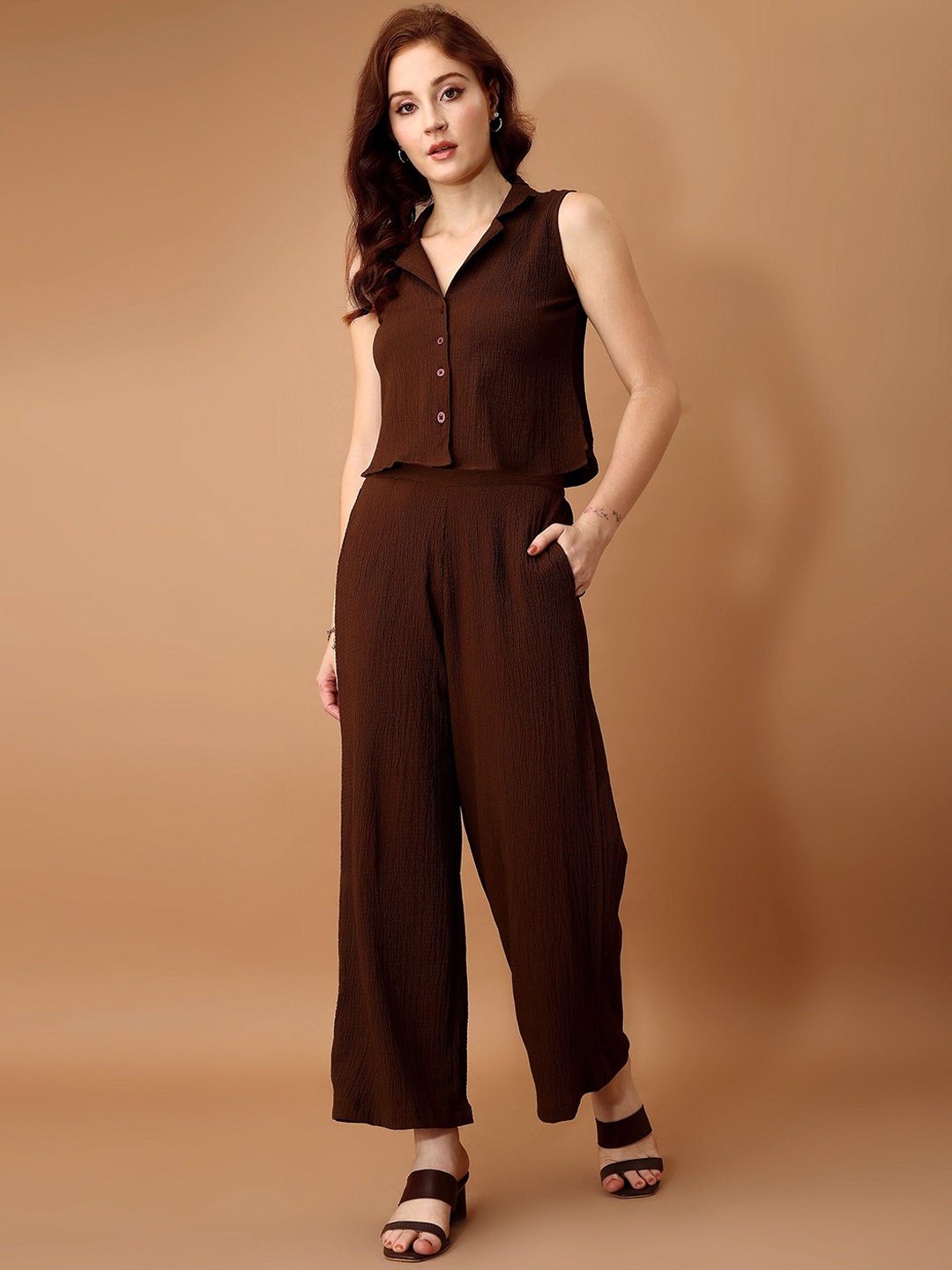 

all about you Brown Lapel Collar Crop Shirt With Trousers