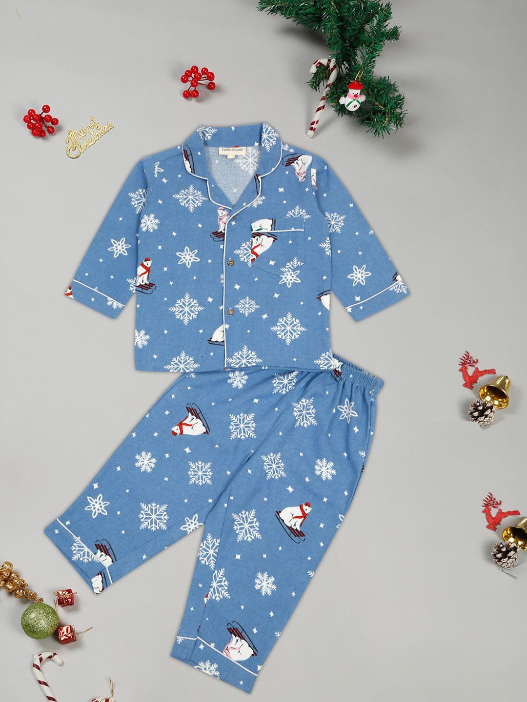 

LITTLE GINNIE Unisex Kids Geometric Printed Cuban Collar Casual Shirt With Pyjamas, Blue