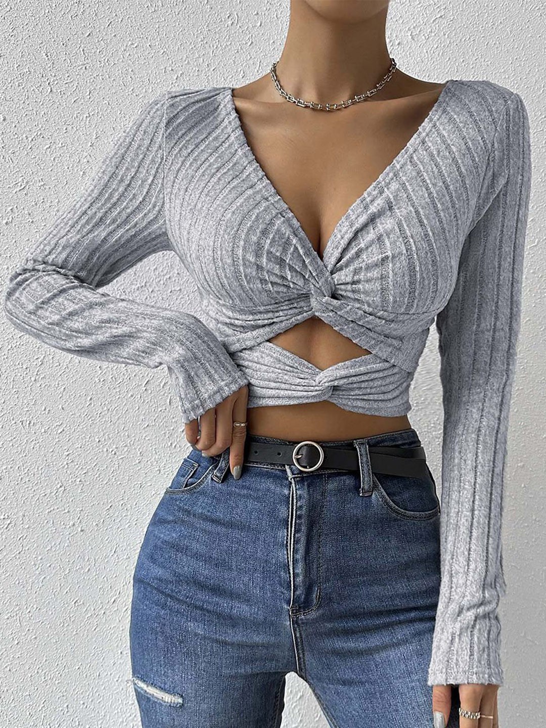 

JC Mode Striped Crop Top, Grey
