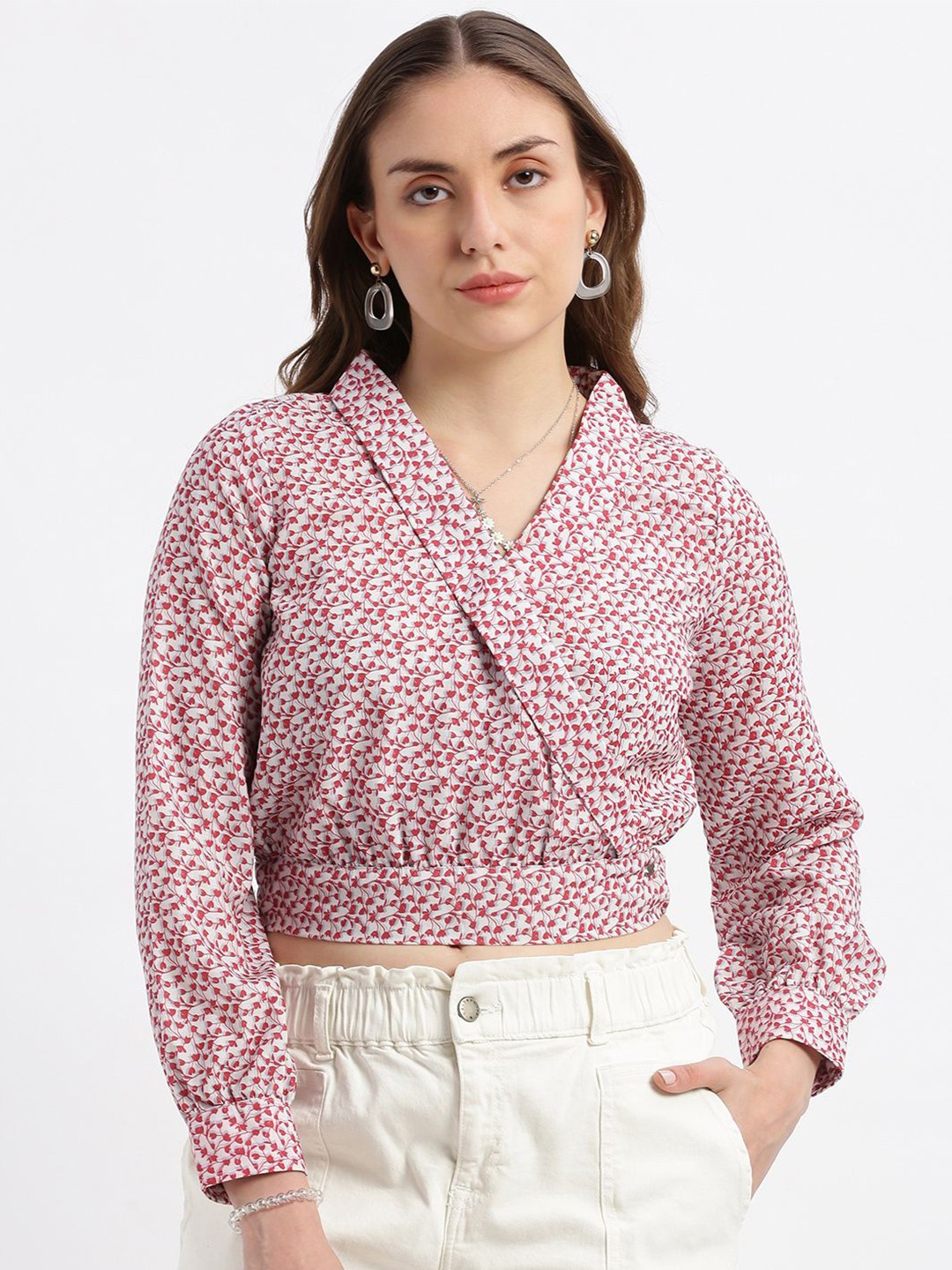

Grit and Flair Floral Print Cotton Wrap Crop Top, Multi
