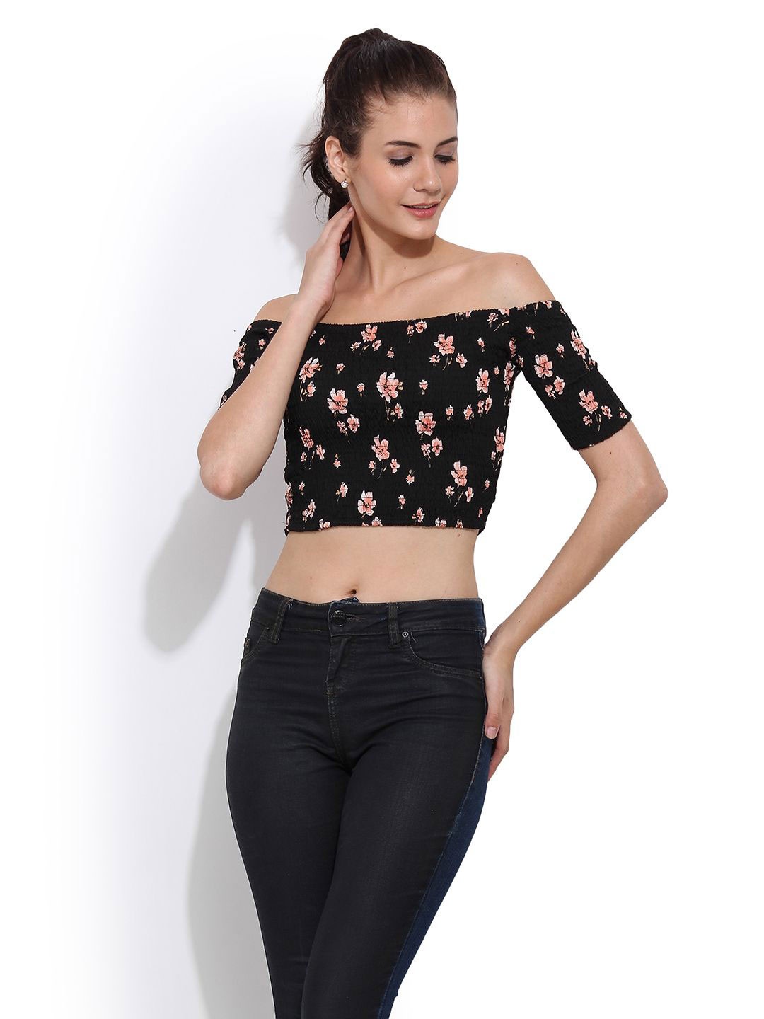 

BAESD Floral Print Off-Shoulder Crepe Crop Top, Black
