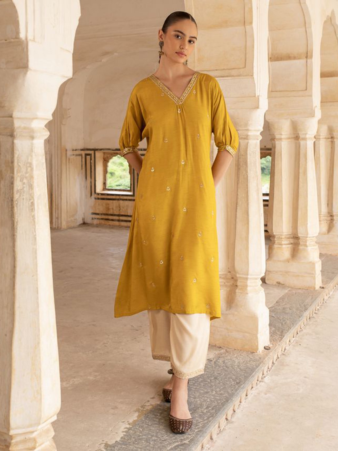 

KARAJ JAIPUR Women Floral Embroidered Regular Chanderi Cotton Kurta with Trousers, Mustard