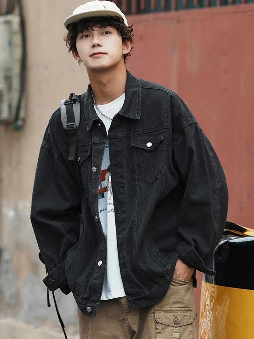 

HERE&NOW Men Spread Collar Solid Casual Denim Jacket, Black