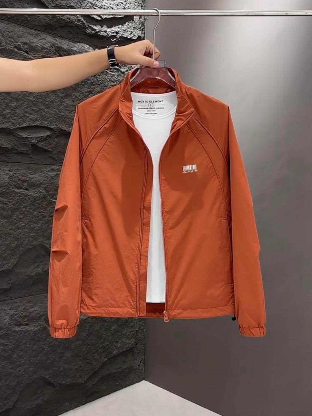 

HERE&NOW Men Spread Collar Solid Casual Bomber Jacket, Rust