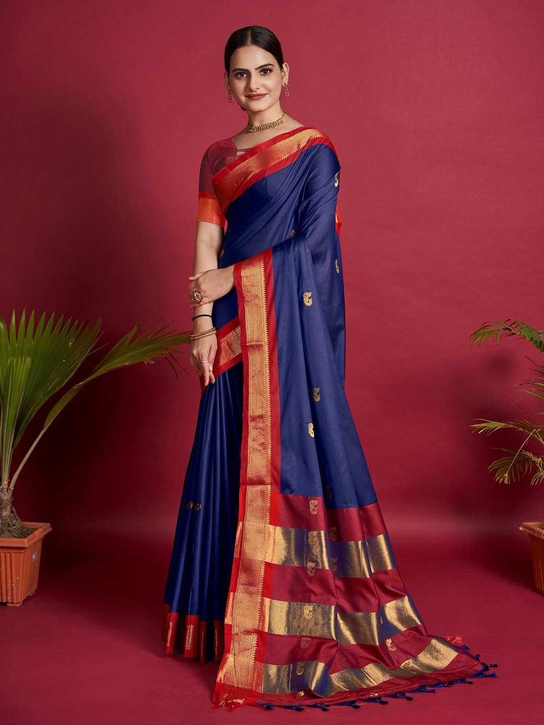 

SHOBHA SAREES Woven Design Zari Pure Silk Kanjeevaram Saree, Navy blue