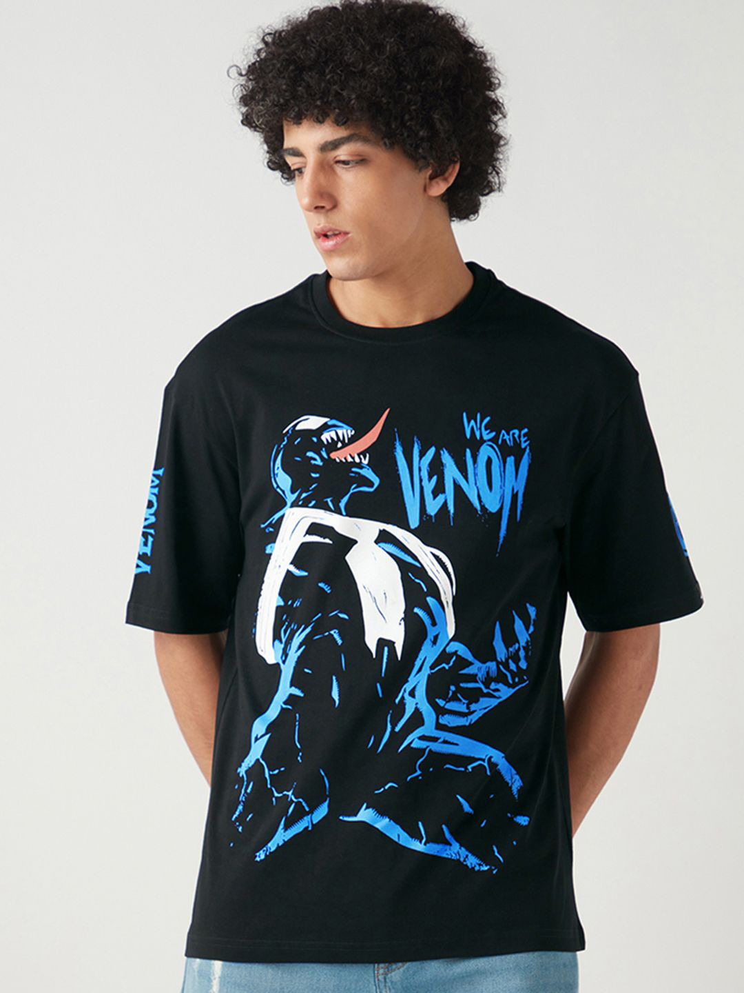 

Bewakoof Men Venom Graphic Printed Round Neck Cotton Oversized T-shirt, Black