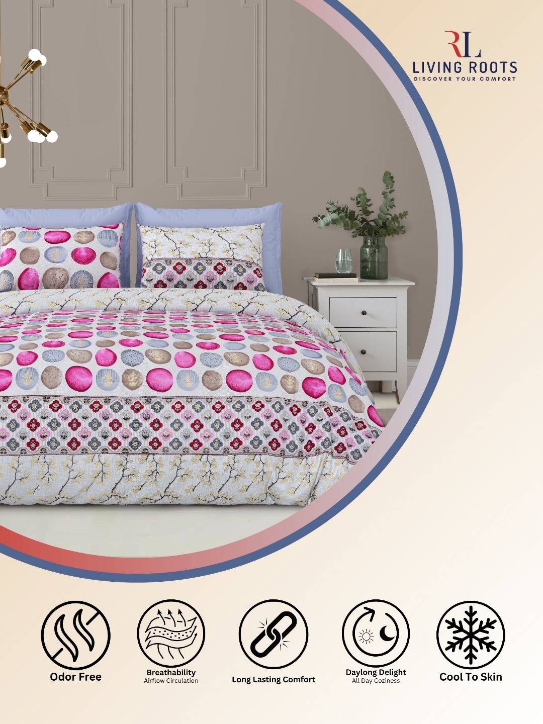 

LIVING ROOTS Pink & White Floral 210 TC King Bedsheet with 2 Pillow Covers