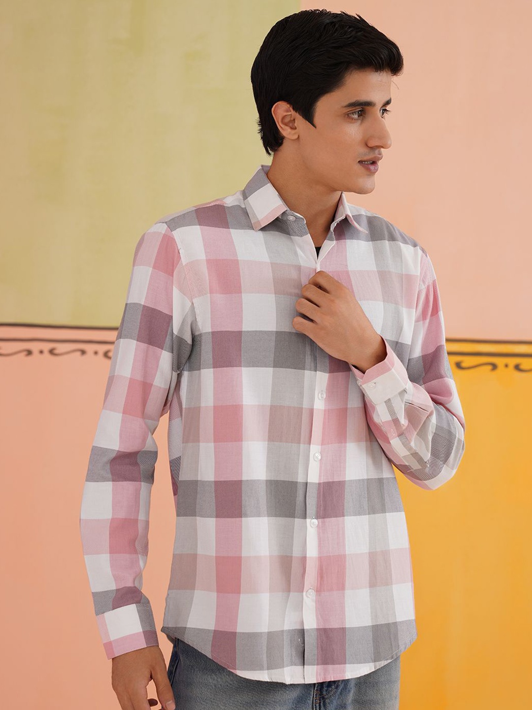 

Indian Needle Men Classic Spread Collar Checked Cotton Casual Shirt, Pink