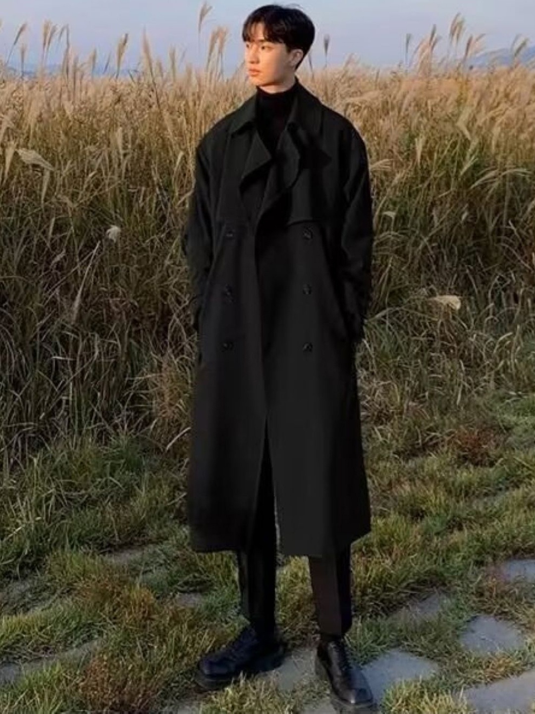 

HERE&NOW Men Solid Notched Lapel Collar Overcoat, Black
