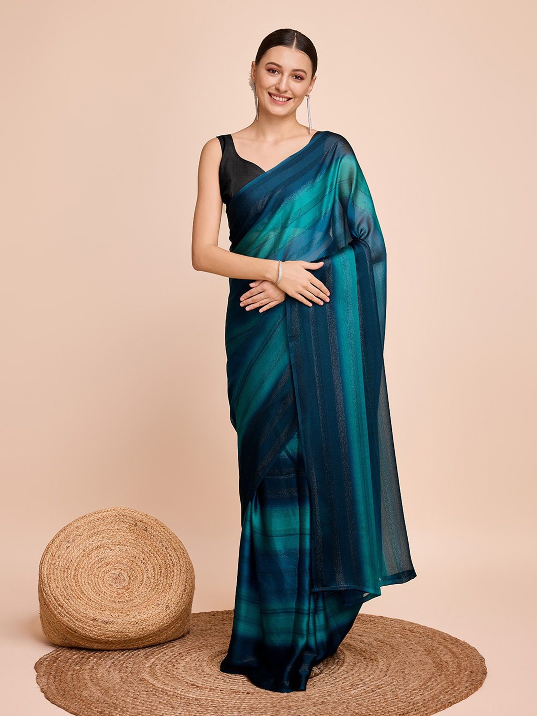 

SHOBHA SAREES Striped Poly Chiffon Saree, Teal