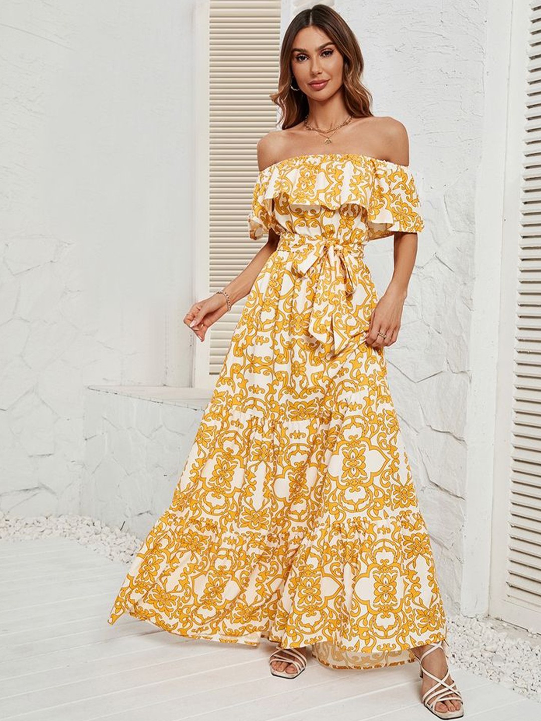 

LULU & SKY Floral Print Off-Shoulder Maxi Dress, Yellow