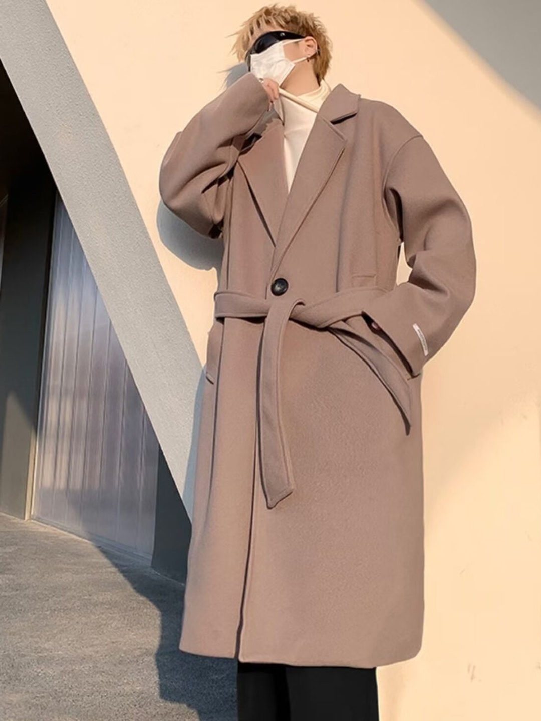 

HERE&NOW Men Solid Notched Lapel Collar Overcoat, Brown