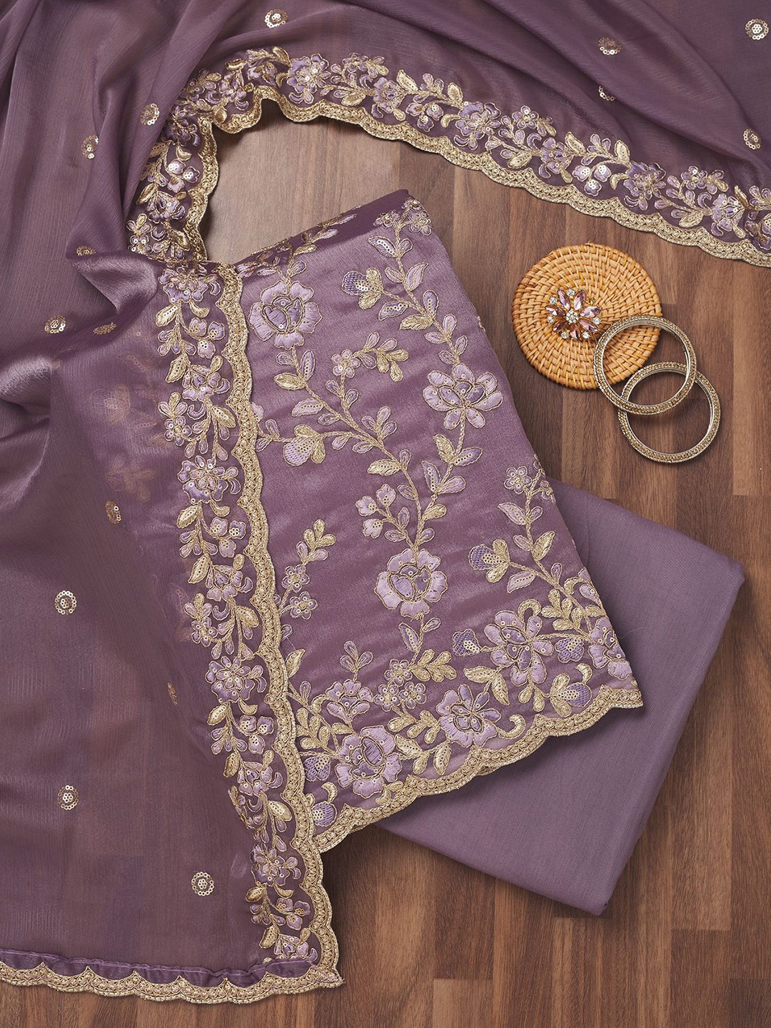 

Koskii Floral Embroidered Zari Unstitched Dress Material, Purple