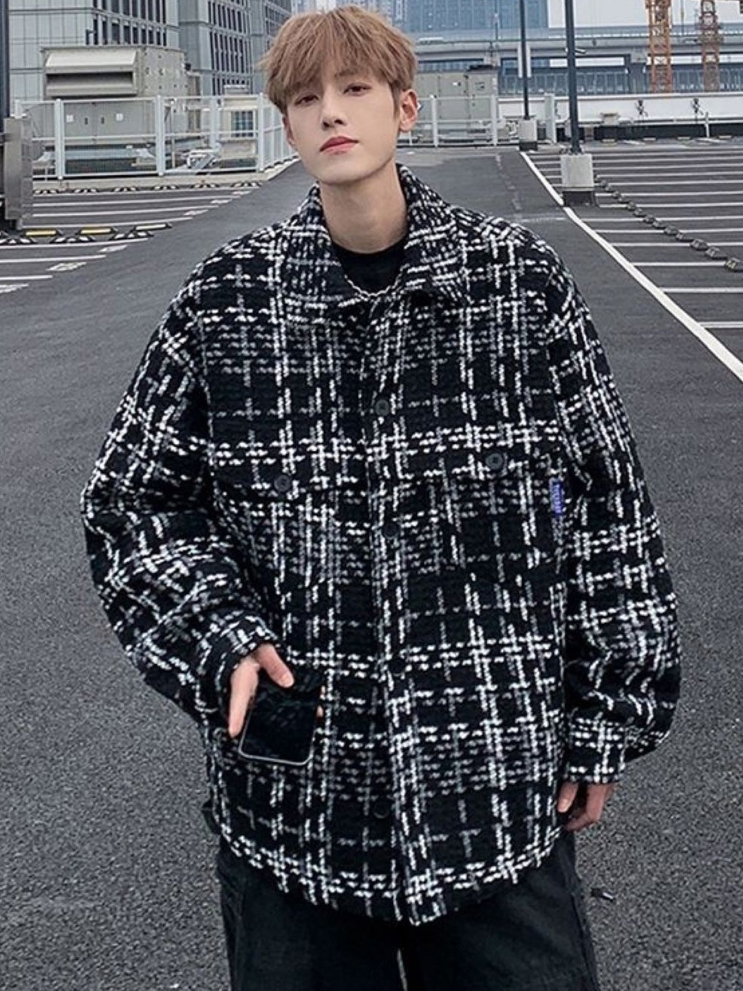 

HERE&NOW Men Spread Collar Checked Casual Tailored Jacket, Black