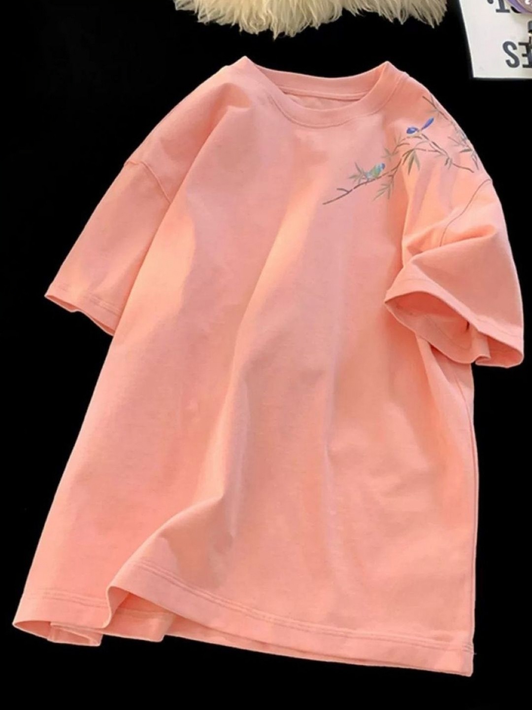 

HERE&NOW Men Floral Printed Round Neck Cotton Oversized T-shirt, Pink