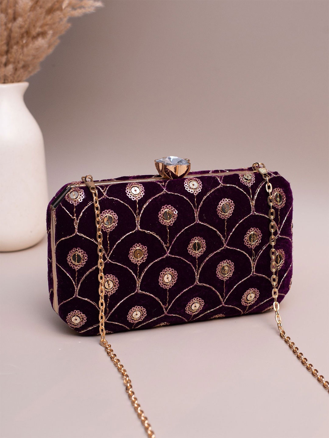 

ARTKLIM Embroidered Sequins Box Clutch, Purple