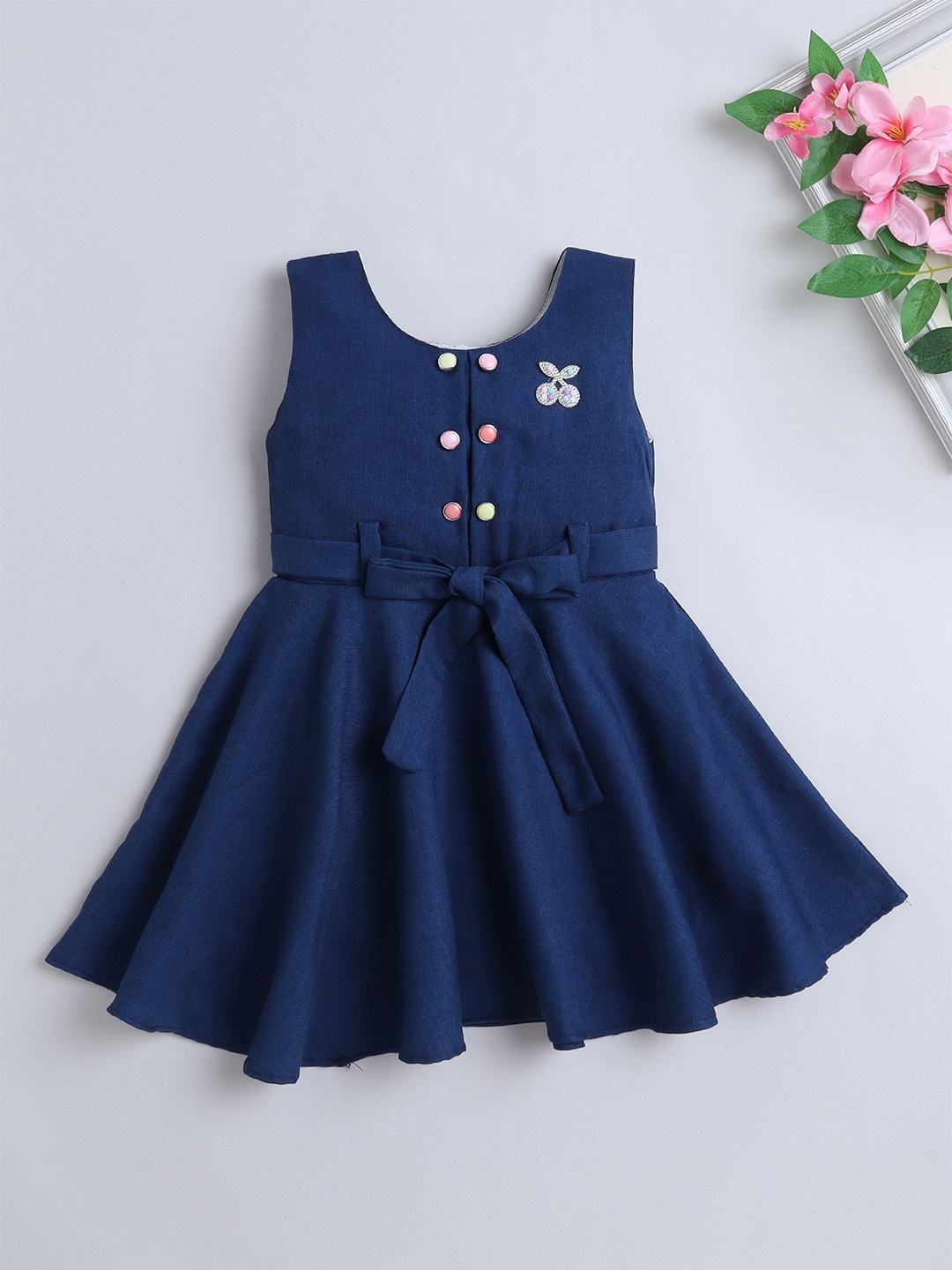 

The Magic Wand Girls Round Neck Cotton Fit & Flare Dress, Navy blue