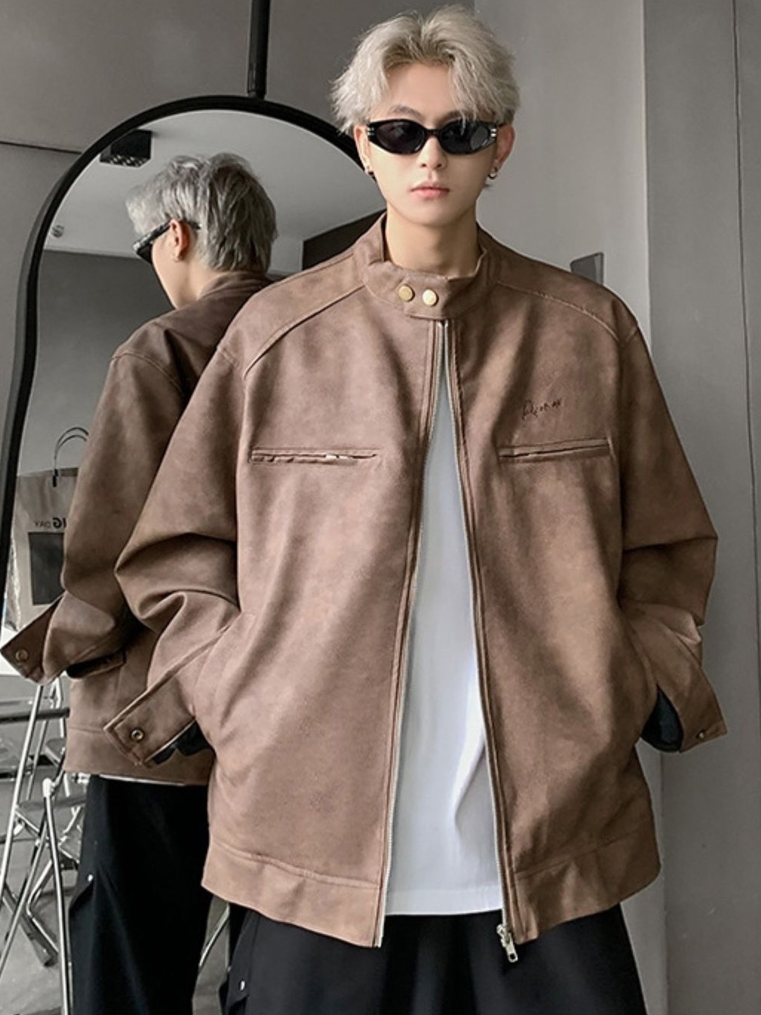 

HERE&NOW Men Mandarin Collar Solid Leather Casual Leather Jacket, Brown