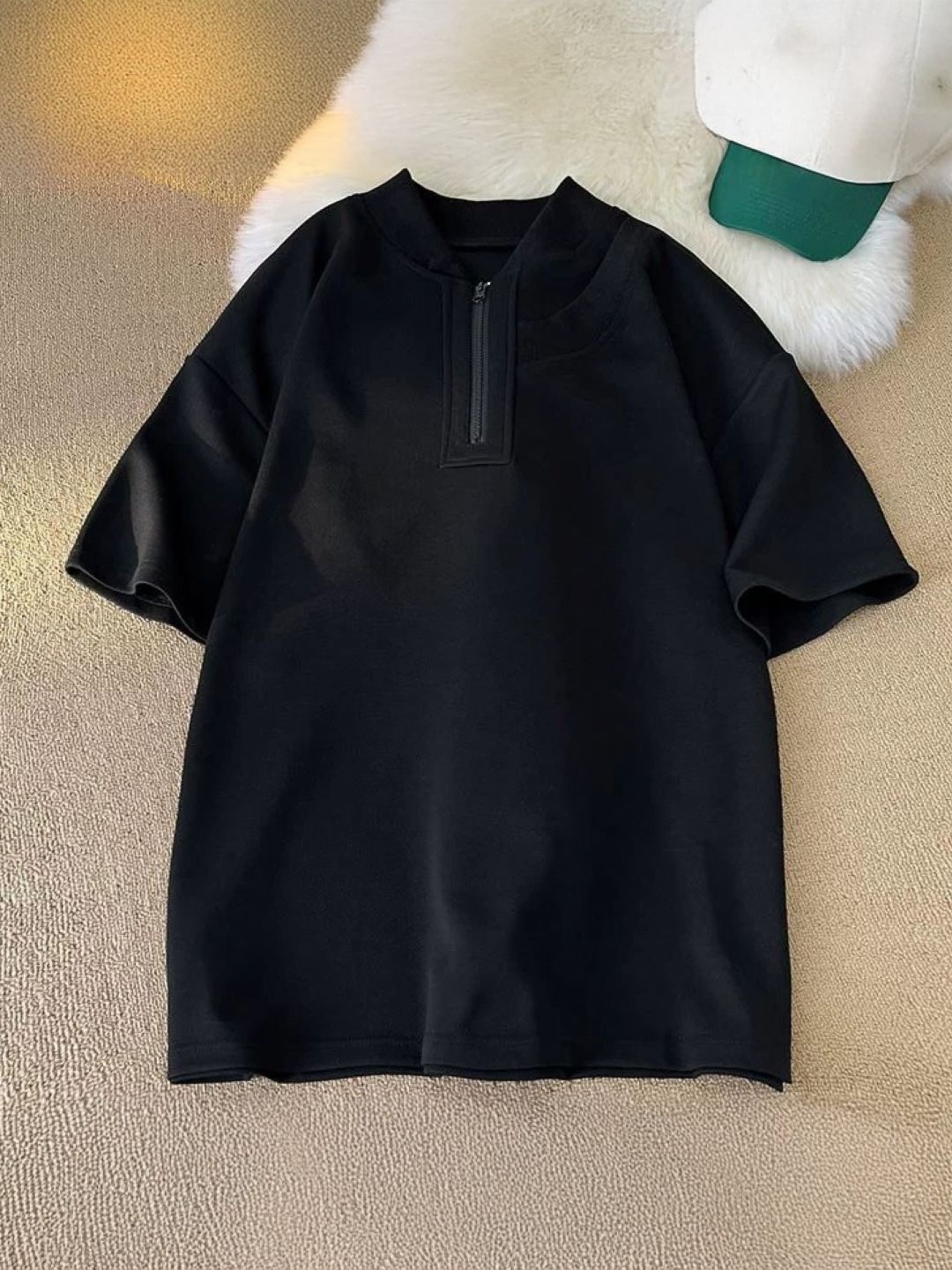 

HERE&NOW Men Solid Mandarin Collar Oversized T-shirt, Black