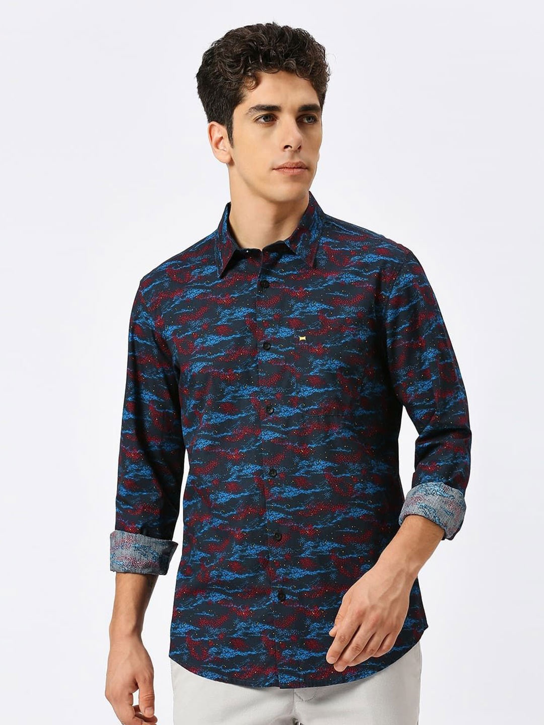 

Basics Men Abstract Printed Opaque Cotton Casual Shirt, Navy blue