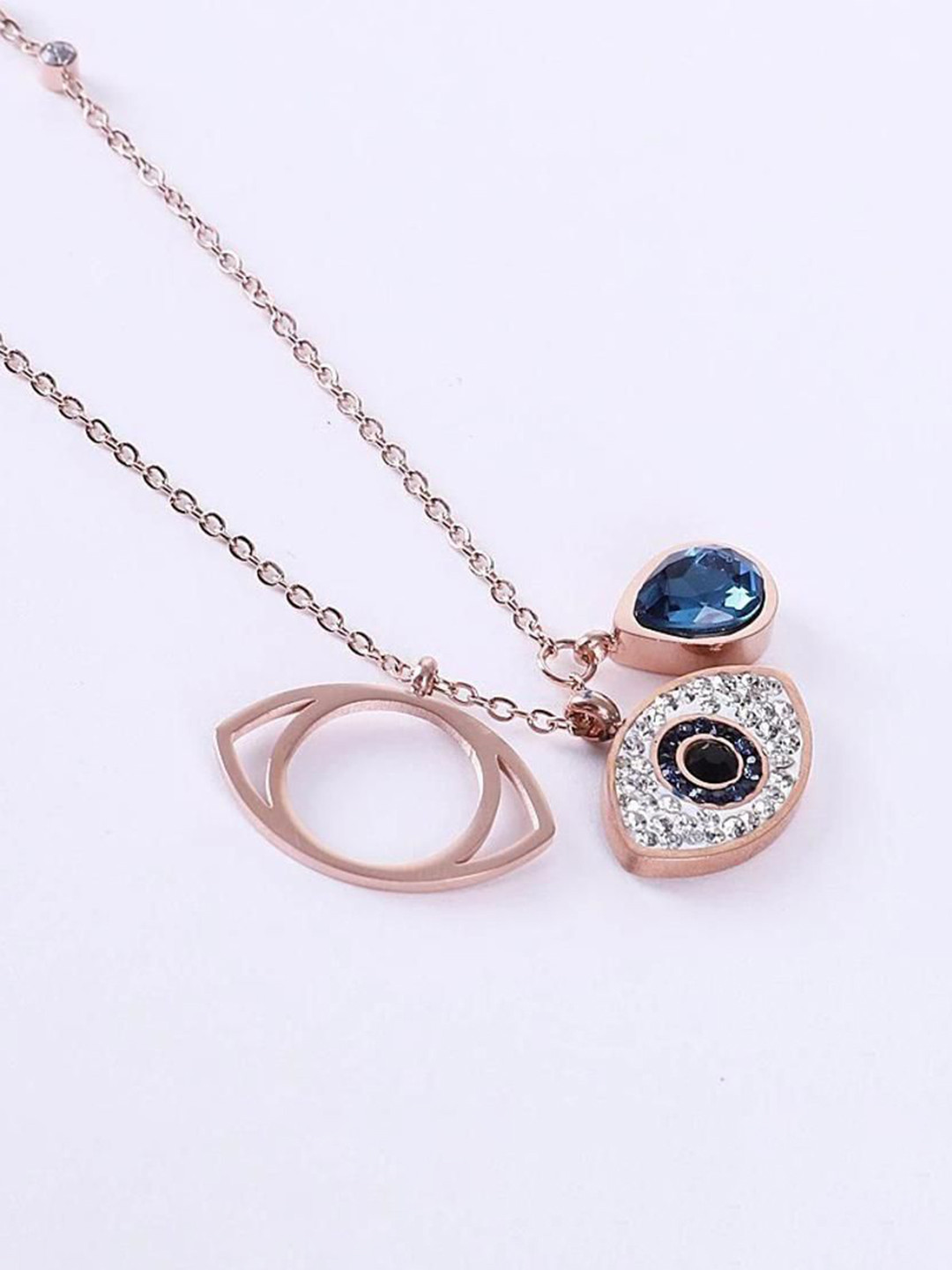 

Wynona Rose Gold-Plated Stainless Steel Stone Studded Evil Eye Shaped Pendant & Chain