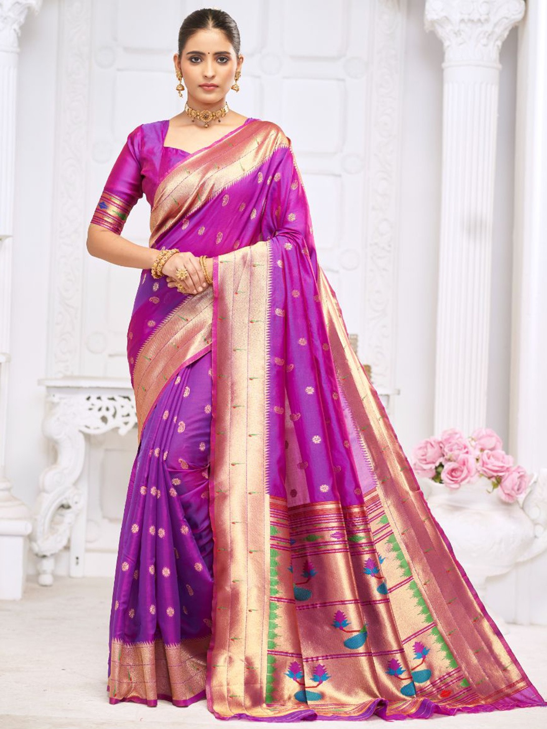 

Royal Rajgharana Saree Woven Design Zari Pure Silk Banarasi Sarees, Purple