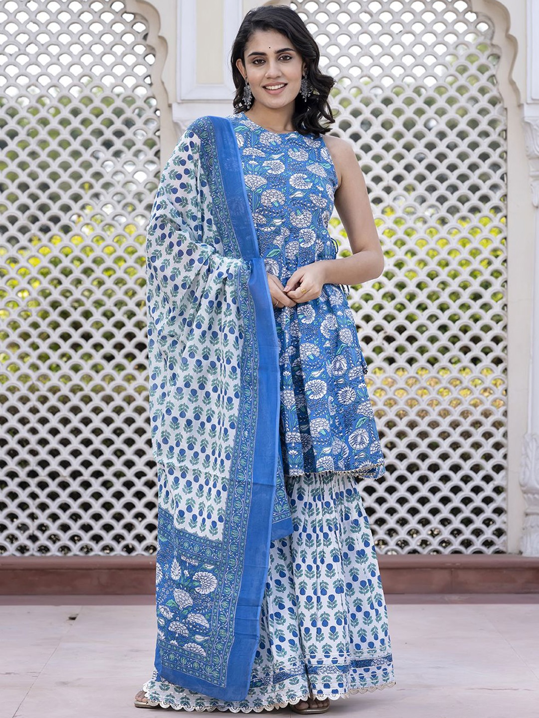 

KALINI Floral Printed Anarkali Pure Cotton Kurta With Palazzos & Dupatta, Blue