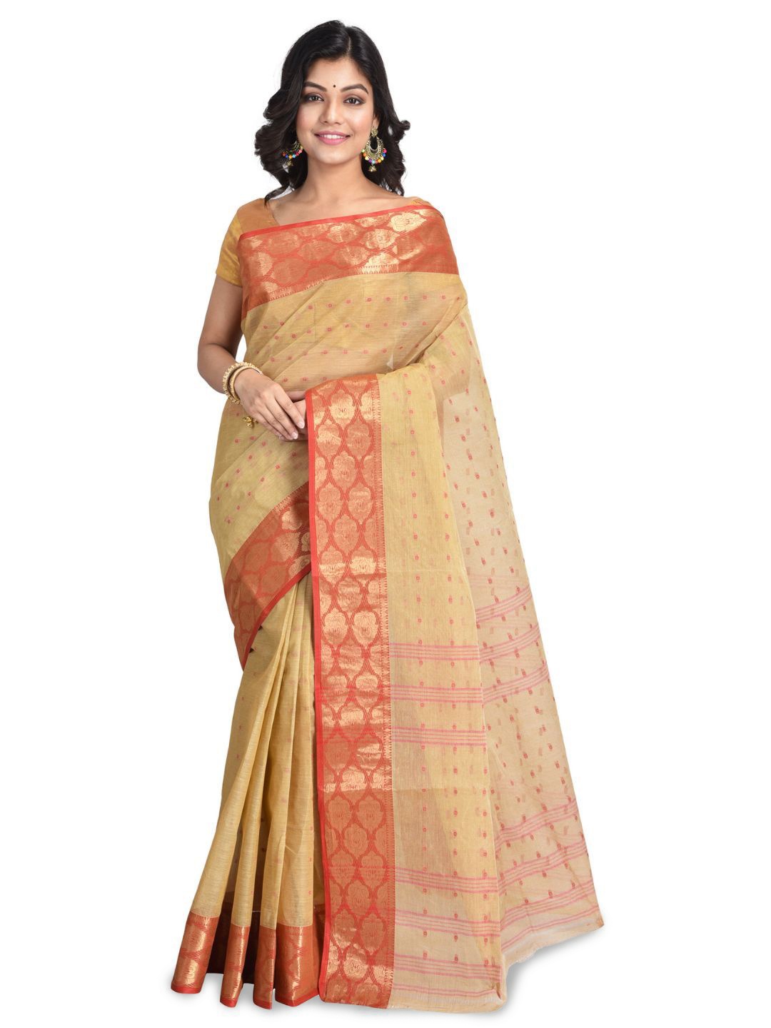 

RAJ SAREE HOUSE Woven Design Zari Pure Cotton Designer Taant Saree, Beige