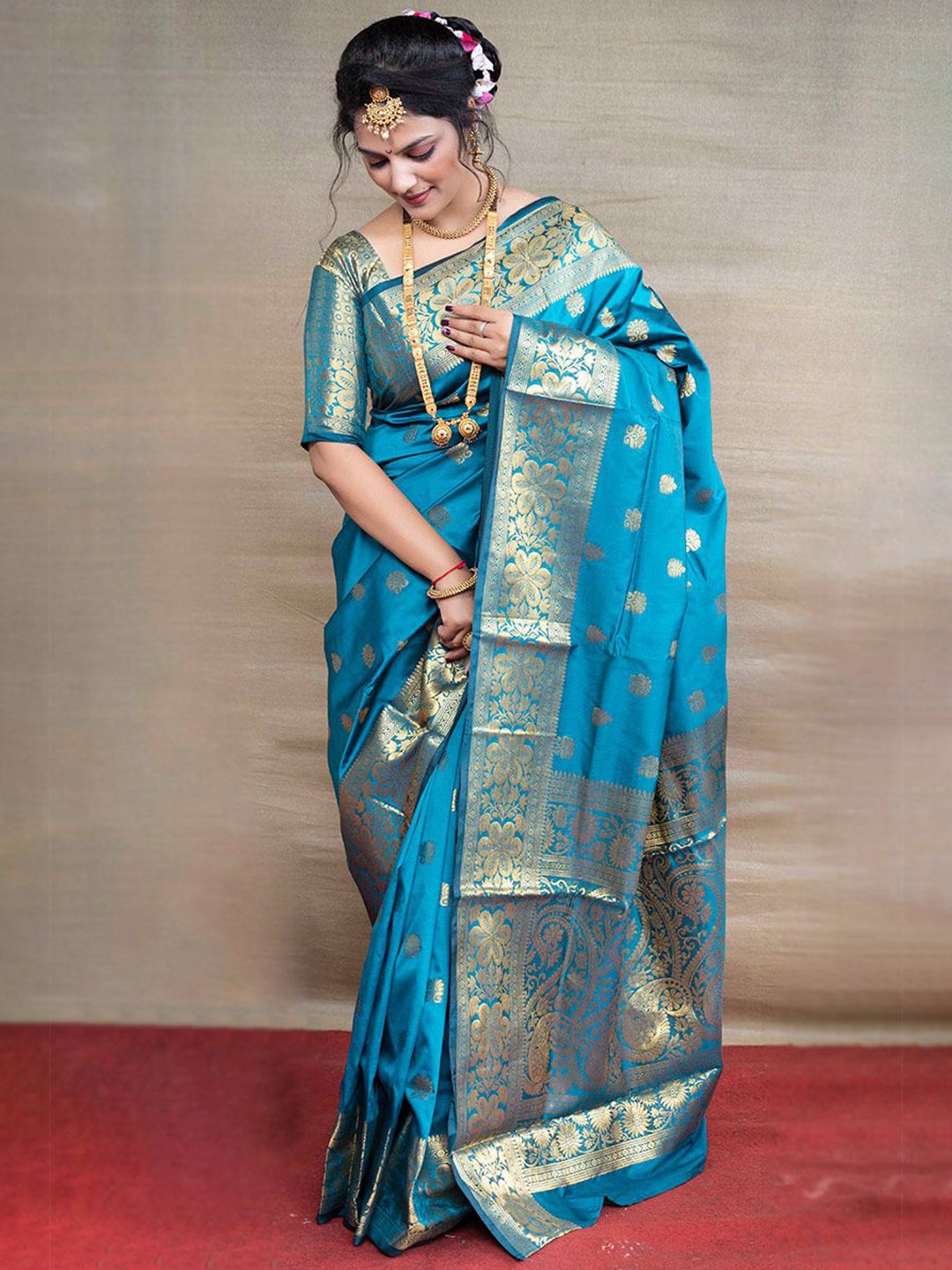 

SHOBHA SAREES Zari Silk Blend Banarasi Saree, Teal