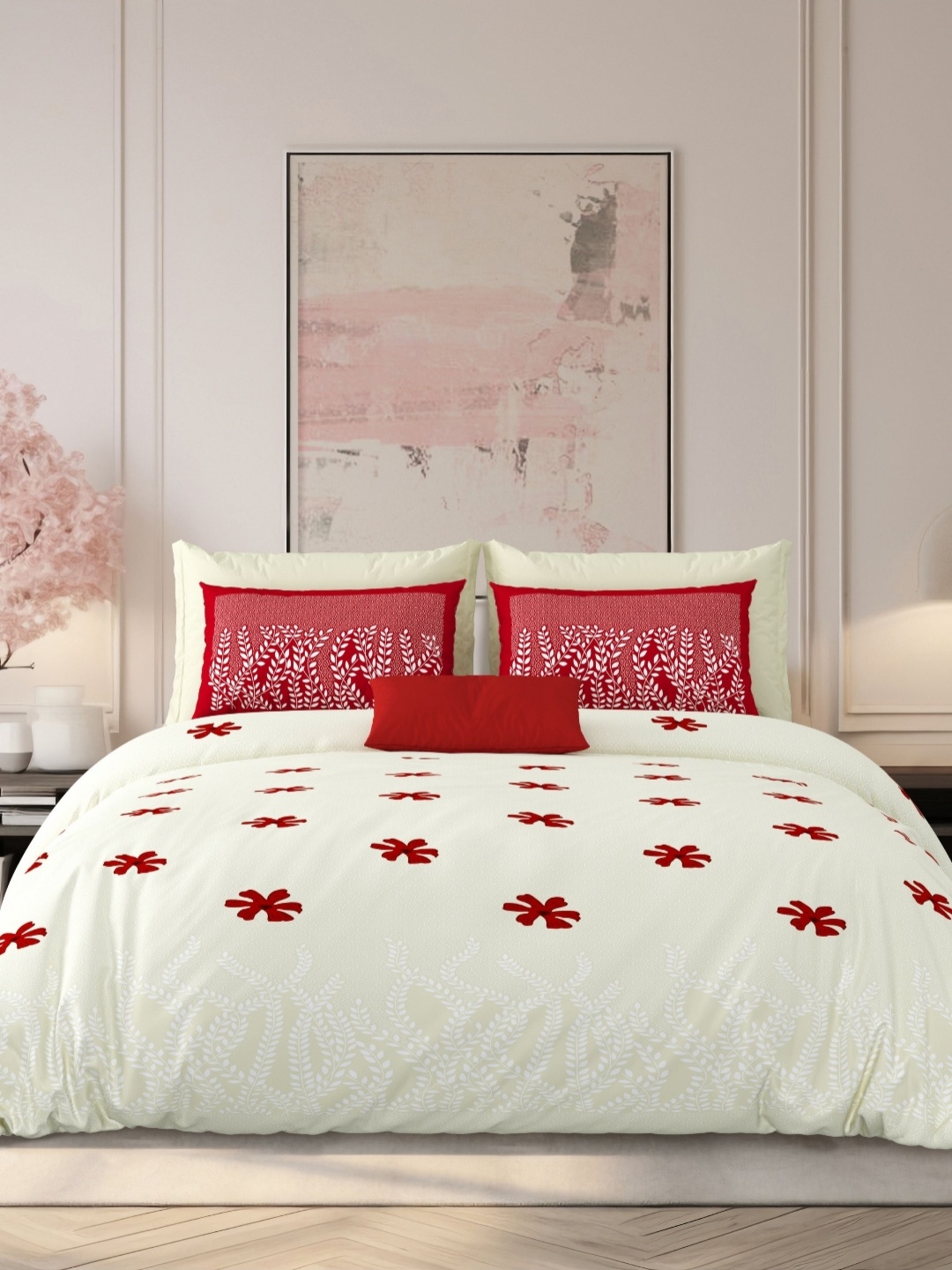 

LIVING ROOTS Cream-Coloured & Red Floral 210 TC King Bedsheet with 2 Pillow Covers