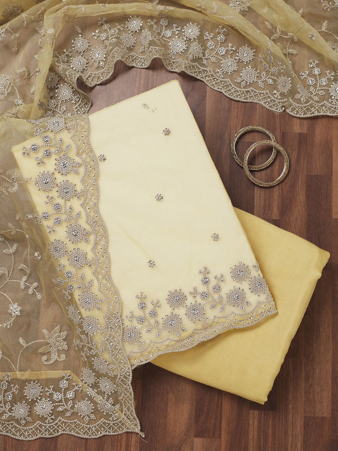 

Koskii Embroidered Tisssue Unstitched Dress Material, Yellow