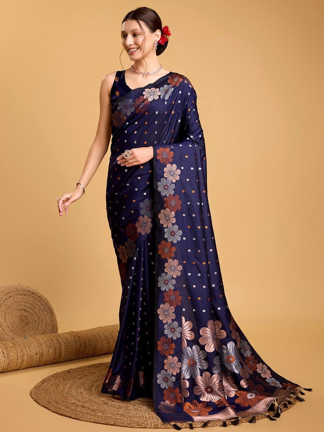 

SHOBHA SAREES Floral Zari Pure Silk Banarasi Saree, Navy blue