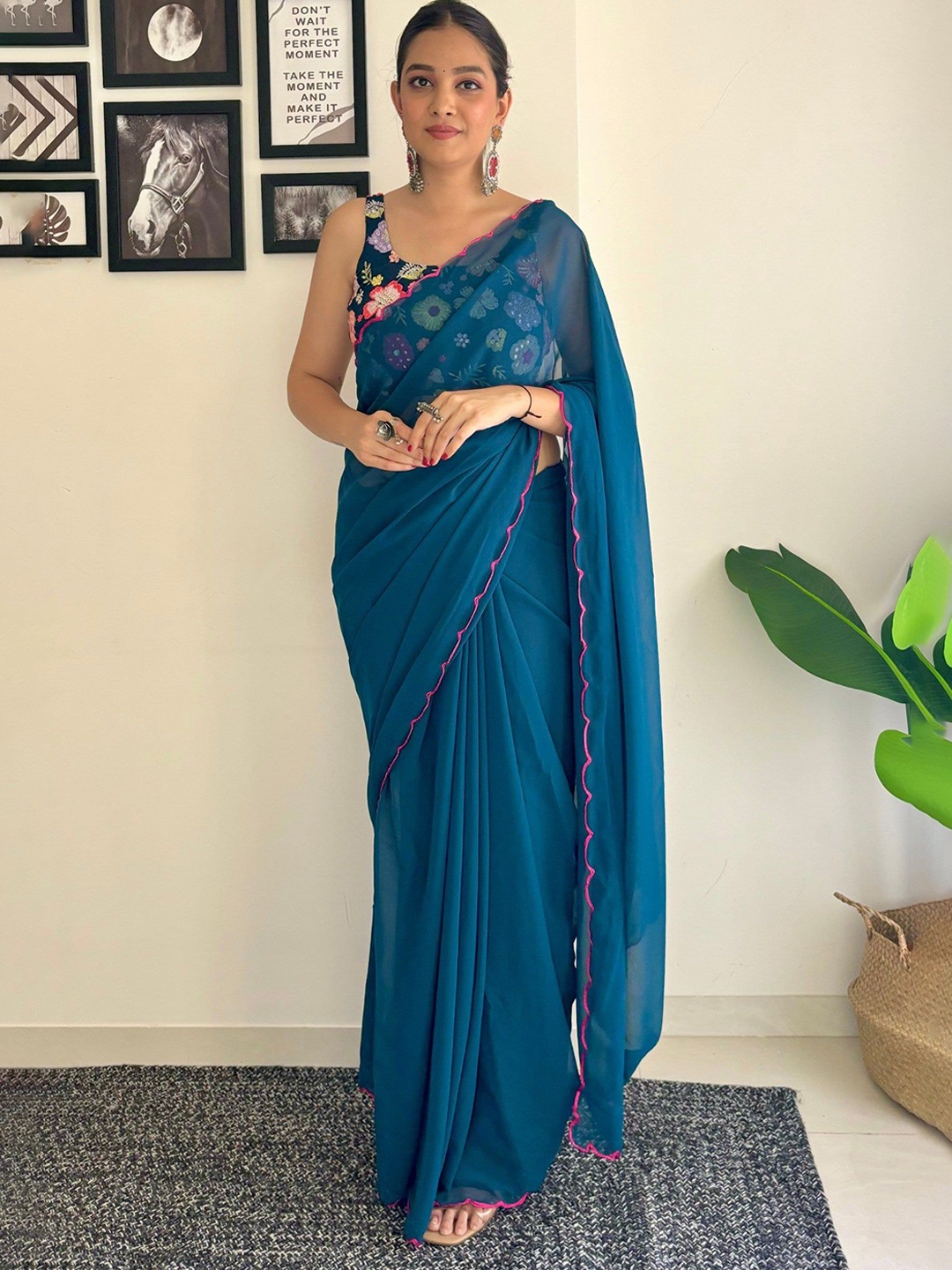 

SHOBHA SAREES Embroidered Pure Georgette Saree, Teal