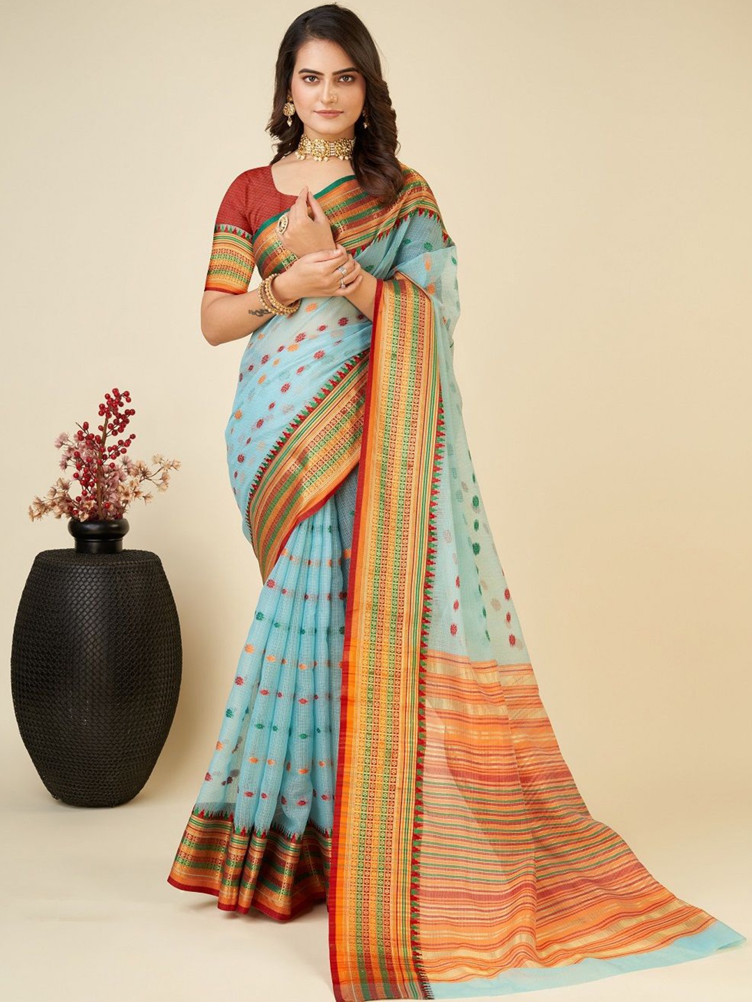 

LEOSAGI Embellished Zari Silk Cotton Kota Saree, Blue