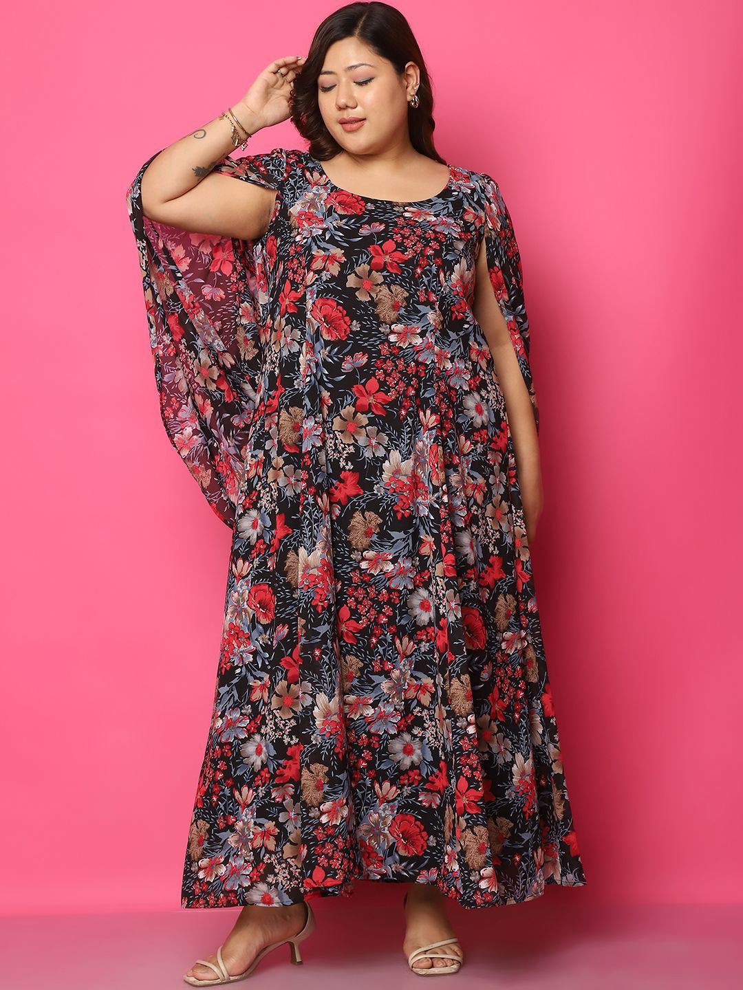 

theRebelinme Floral Print Slit Sleeve Georgette A-Line Maxi Dress, Black