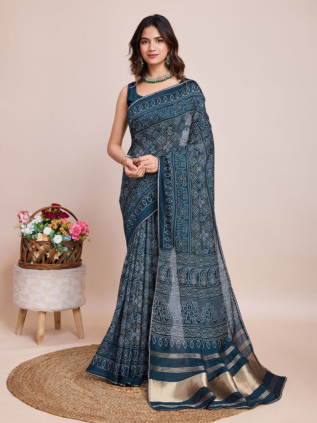 

SHOBHA SAREES Bandhani Silk Cotton Bandhani Saree, Teal