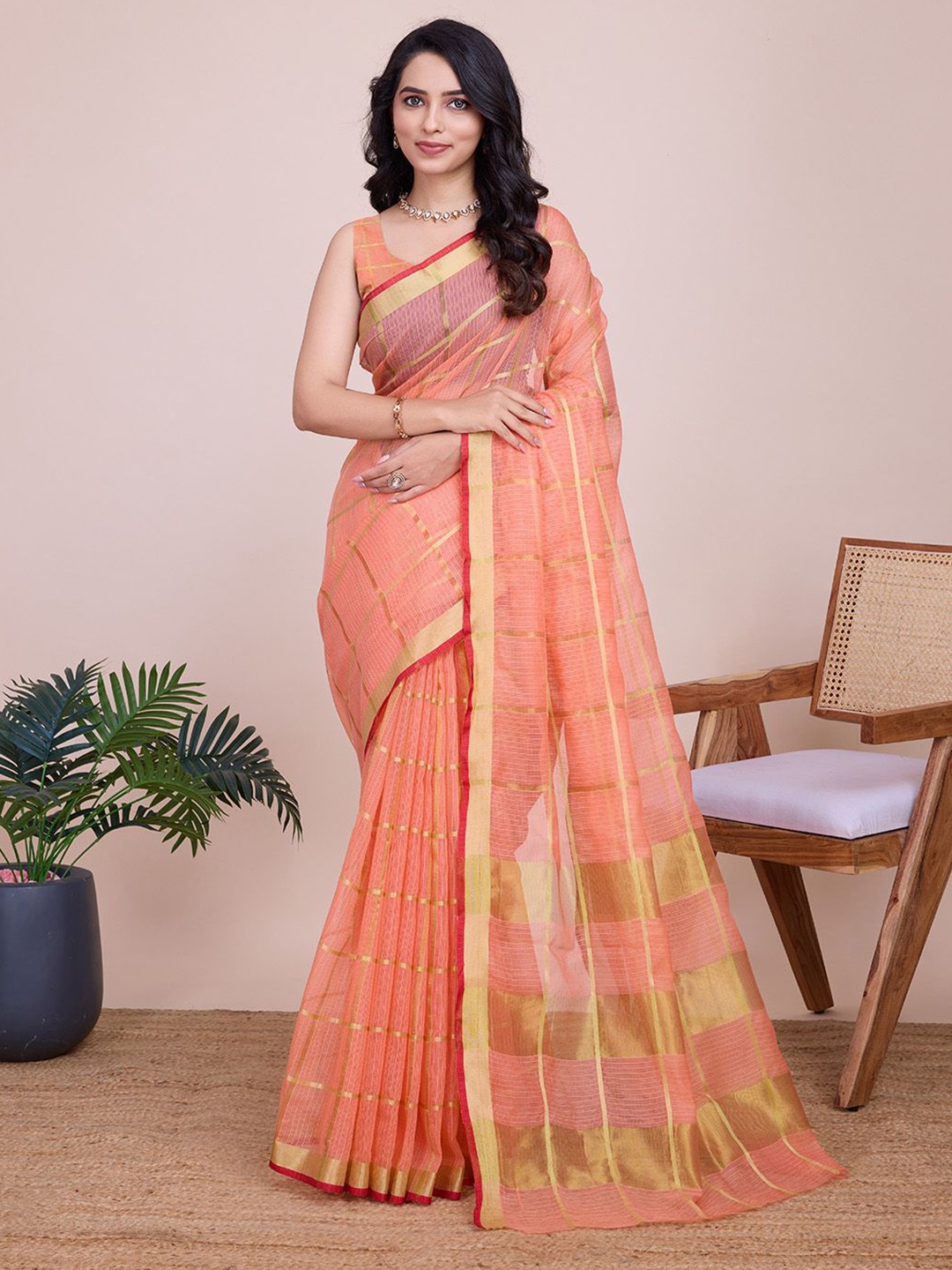 

SHOBHA SAREES Striped Zari Silk Cotton Kota Saree, Peach
