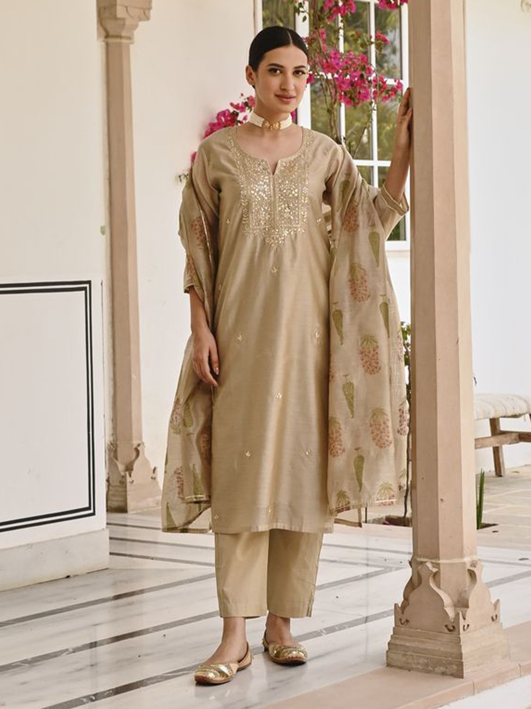 

KARAJ JAIPUR Floral Embroidered Sequinned Chanderi Cotton Kurta With Palazzos & Dupatta, Beige